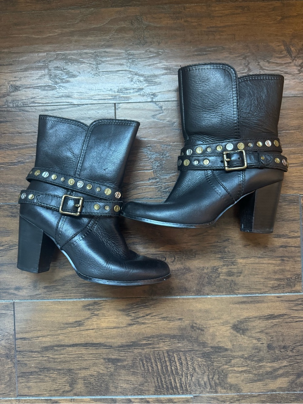 Fossil Black Leather Didi Studded Belted Ankle Boots Block Heel Sz 8